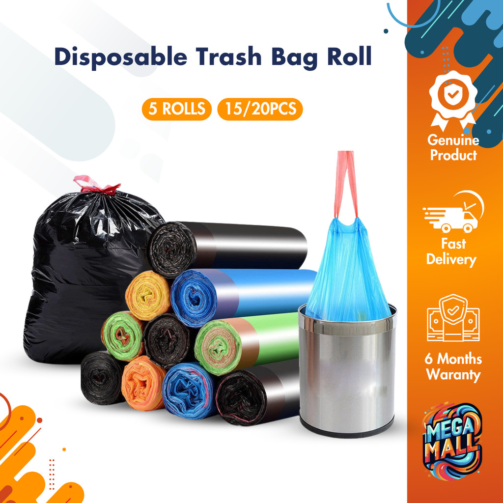 Disposable Trash Bags - Rope Pull Type, 1 Roll x 15pcs, 5 Rolls x 20pcs ...