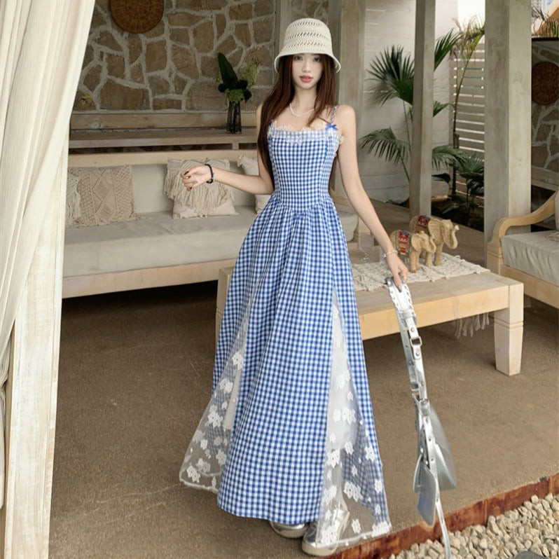 Muuv-It Sweet Plaid Long Dress Beach Style Women Elegant Lace Patchwork Korean  Dress Fashion Slim Female Camis Vestidos | Shopee Singapore