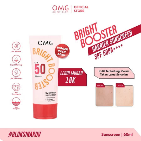 OMG Oh My Glow Bright Booster UV Barrier Sunscreen SPF 50 PA++++ 60ml / Merah Jingga Official - Gambar 3