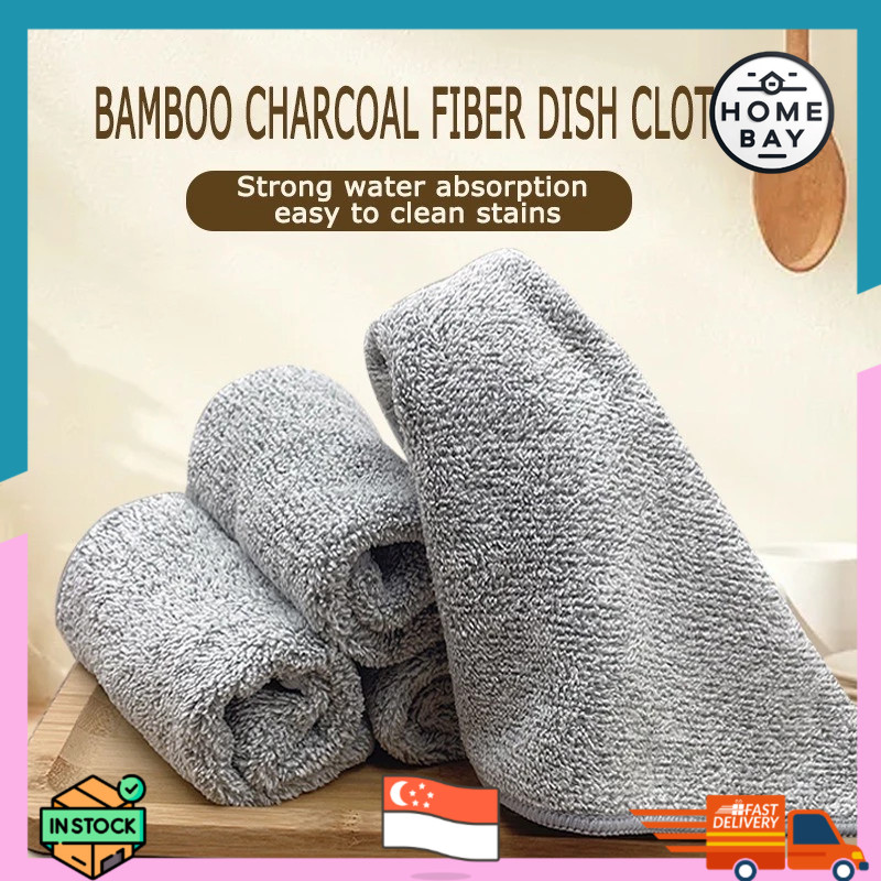 (SG STOCK) Bamboo charcoal thickened fiber dishcloth kitchen rag ...