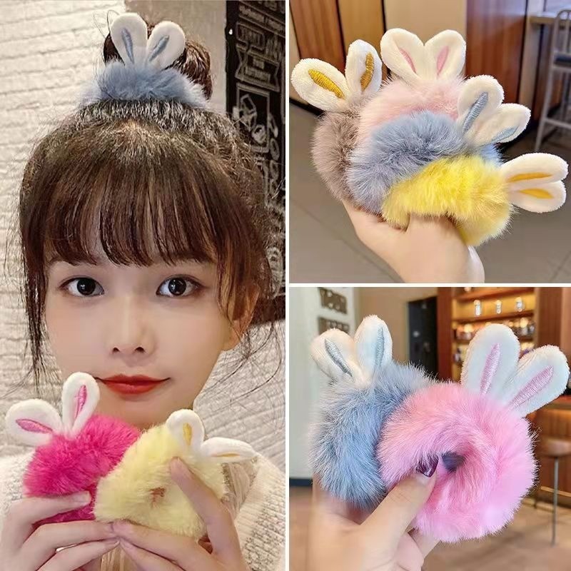 POPMAKER SHOP Scrunchie Korean Wanita Bulu Motif Kelinci - Untuk Cepol Ponytail, Trendi & Nyaman H597 COD - Gambar 4