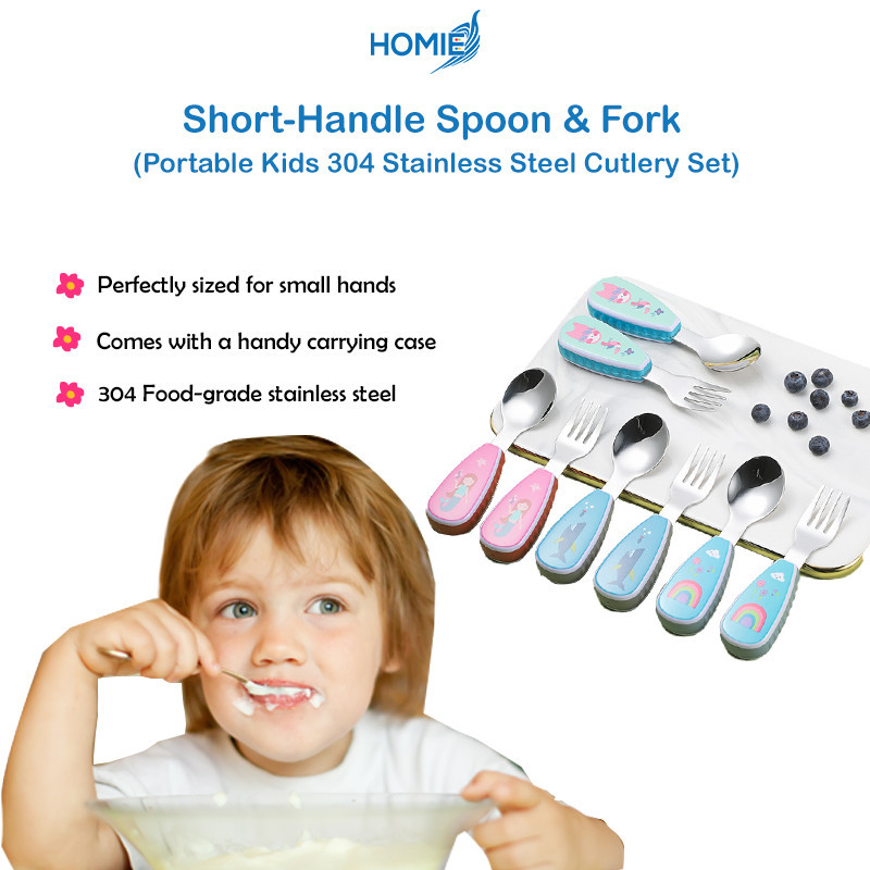 HOMIE ShortHandle Spoon & Fork Portable Kids 304 Stainless Steel Cute