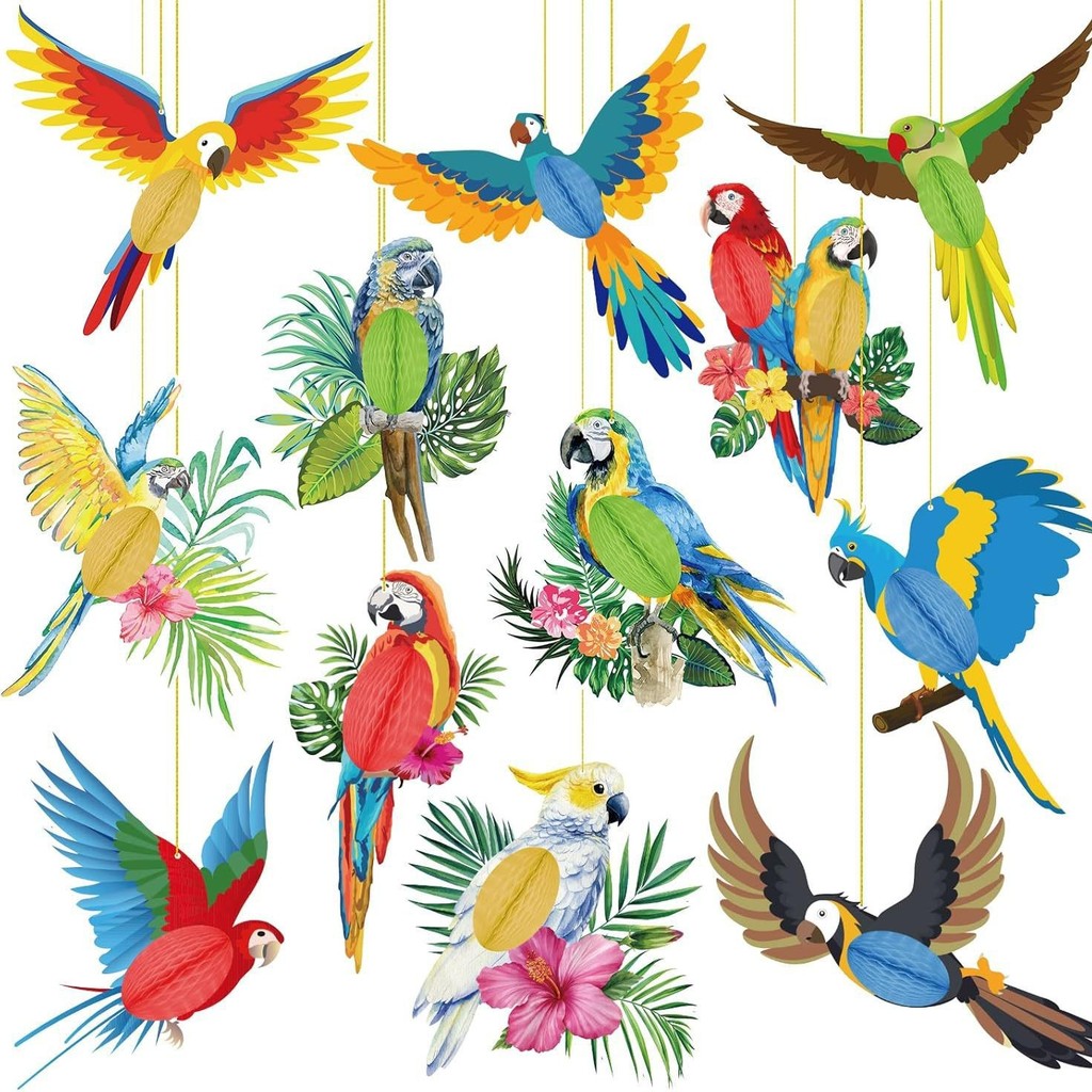 12 tropical bird, parrot, insect ornaments, Hawaiian themed tropical ...