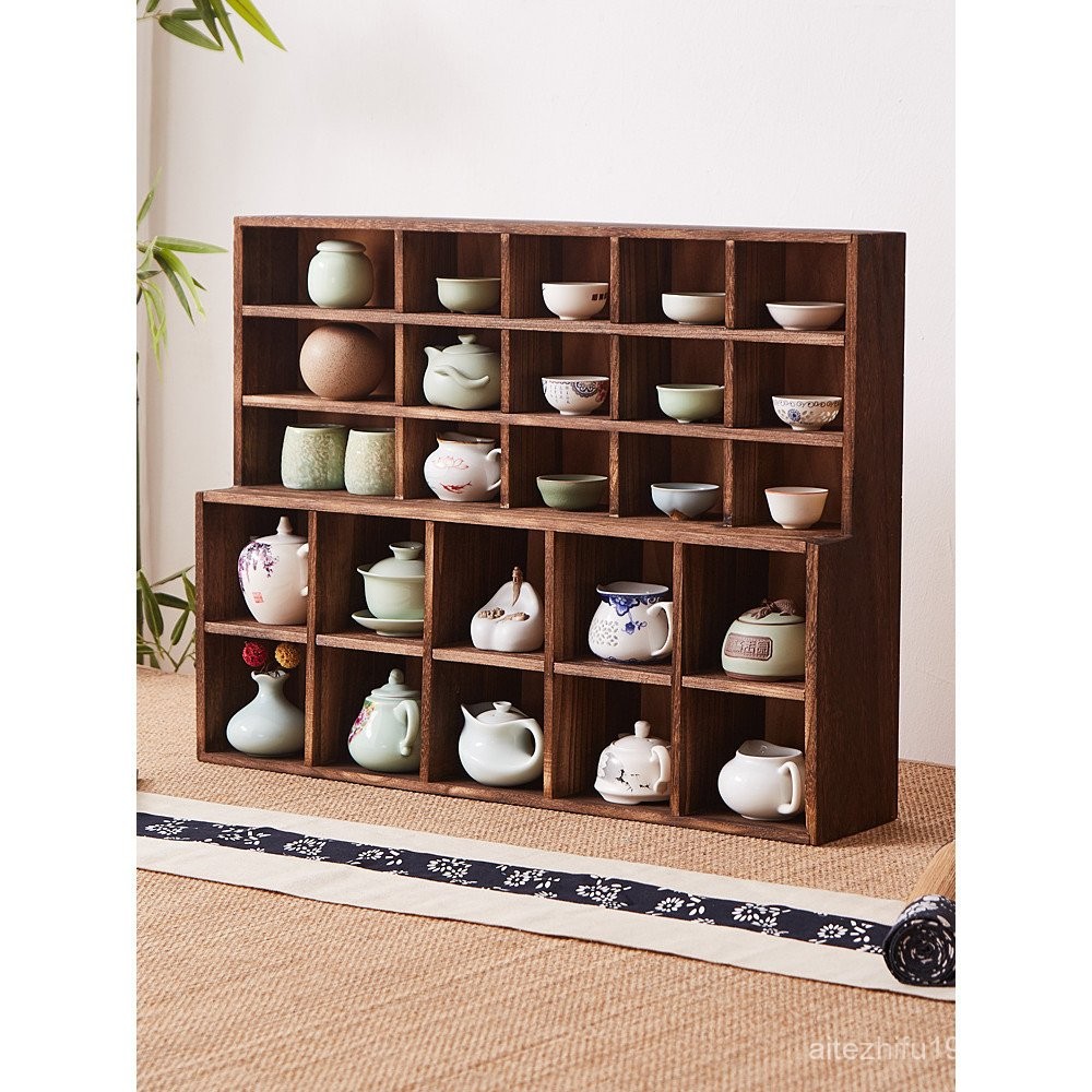 Desktop Solid Wood Storage Box Organizer Rack Display Shelf Tea Set Tea ...