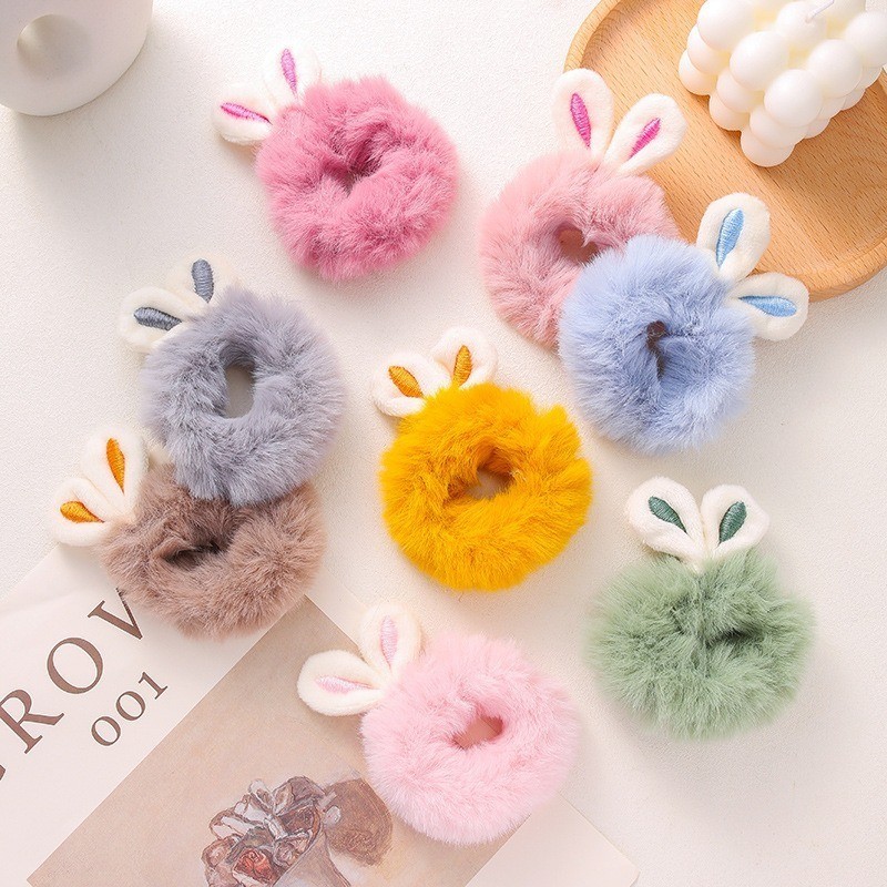 POPMAKER SHOP Scrunchie Korean Wanita Bulu Motif Kelinci - Untuk Cepol Ponytail, Trendi & Nyaman H597 COD - Gambar 3