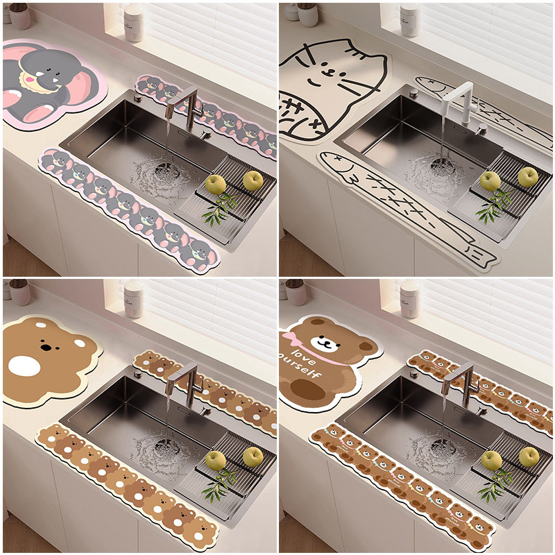 Line Cat Fish-shaped Mats Cartoon Countertop Drainage Pad Kitchen Water ...