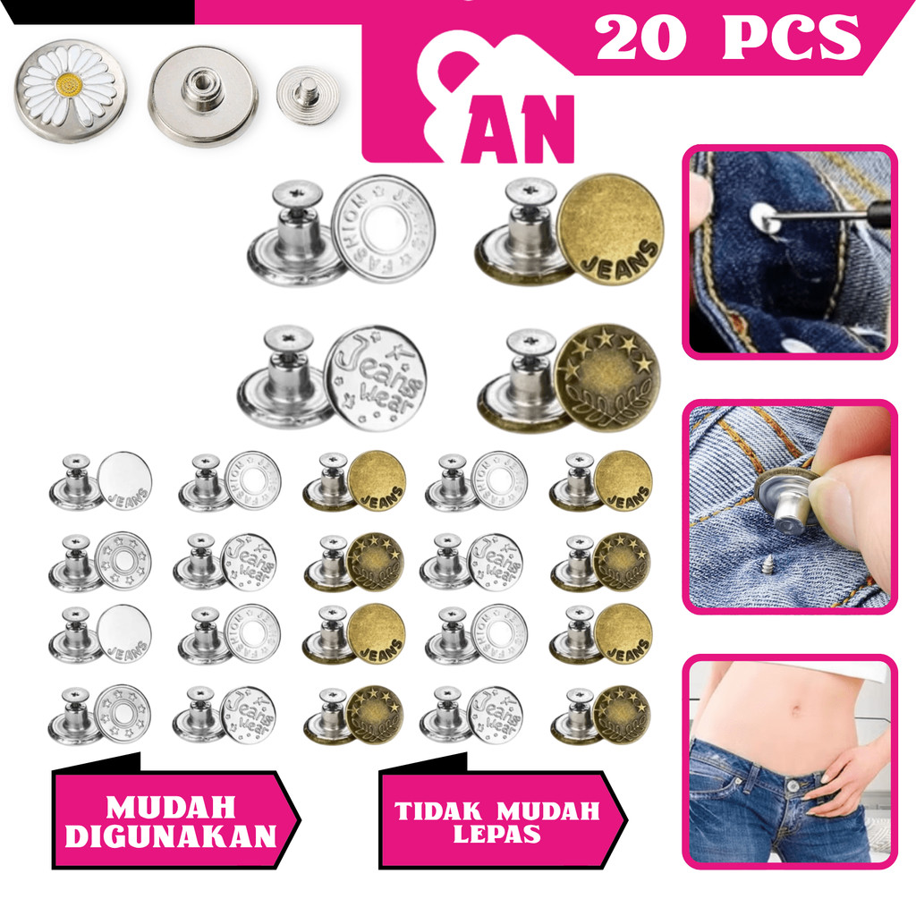 20PCS Kancing Celana Jeans Ajaib Adjustable Manset Motif Aksesoris Fashion Kait Pengecil Lingkar Pinggang Pakaian Jean L362