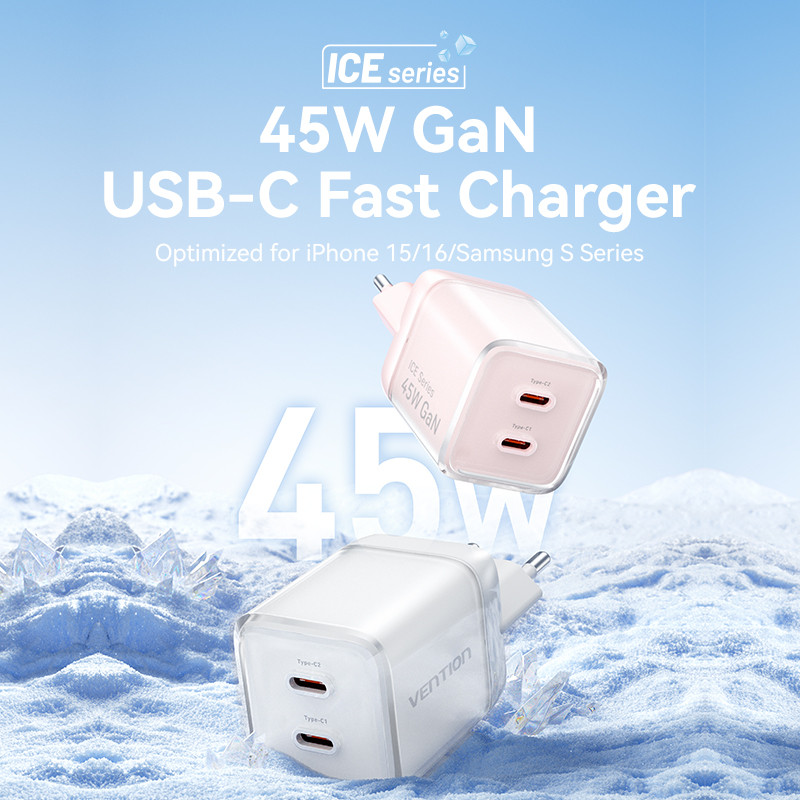 Vention Charger GaN 45W USB Type C Fast Charging Adaptor iPhone 15 16 Samsung Android PD QC Dual Port Ice Series - Gambar 2