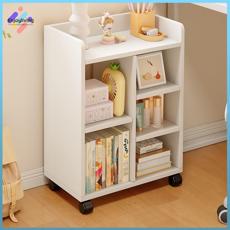 Bookshelf Floor Storage Rack Movable Wooden Bookcase with Wheels under ...