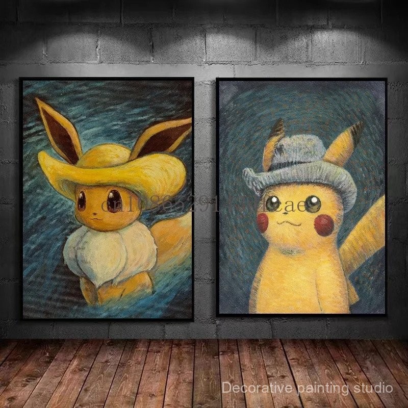 Van Gogh Museum Pokemon Anime Figure Pikachu Watercolor Painting Canvas ...