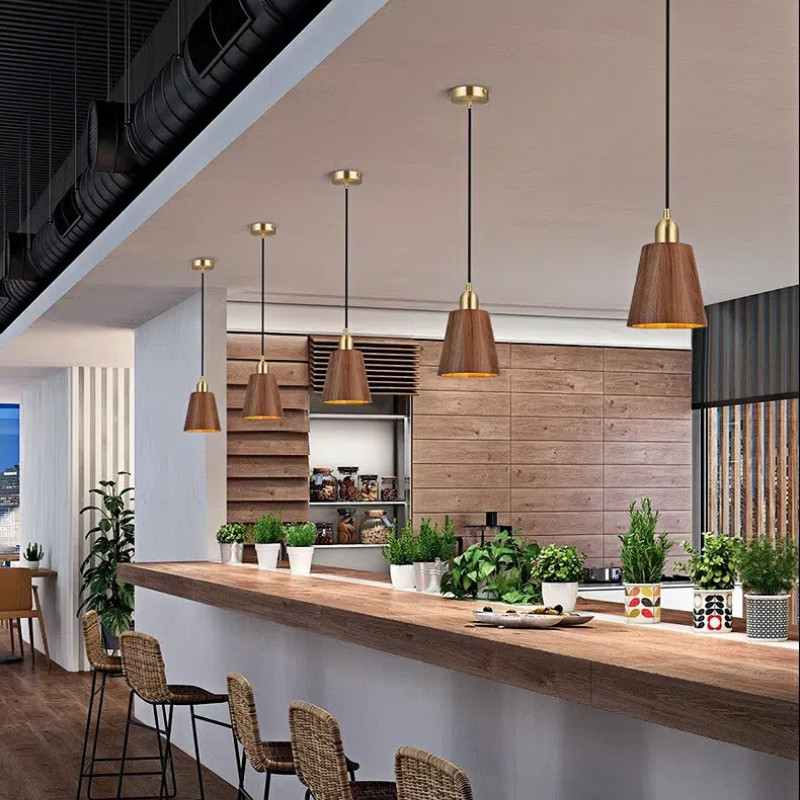 Retro Wood Grain Pendant Light Led Metal Dining Table Chandelier Light ...