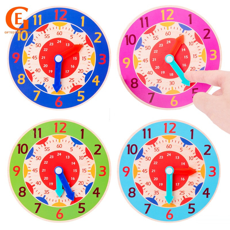 Montessori Math Toys Wooden Clock Kids Learn To Tell The Time Wood ...