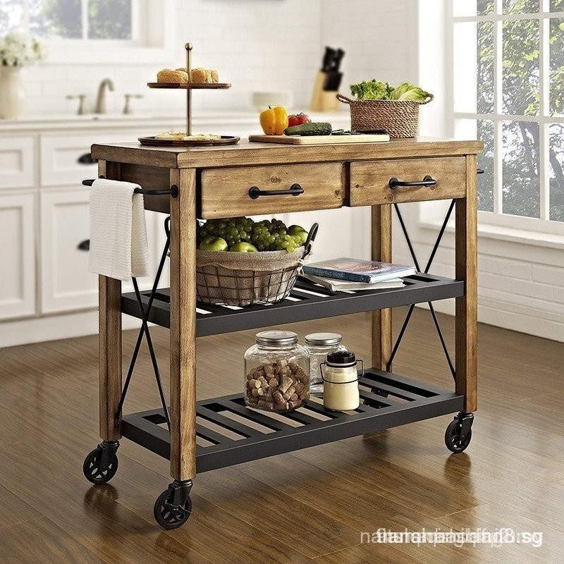American-Style Solid Wood Movable Middle Island Table Iron Sideboard ...
