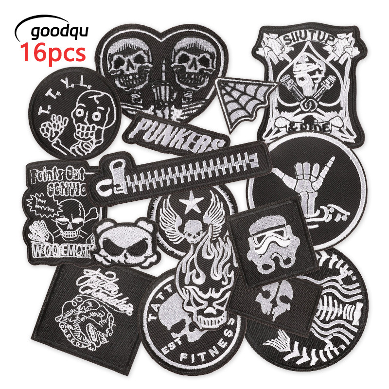 16pcs Black And White Skull Zip Iron On Patches For Clothes Embroidered ...