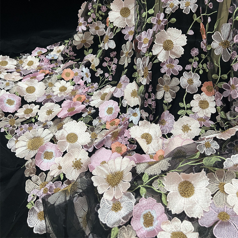 Curated visual reference: Dimensional Lace In Embroidery Texture Reference: 1 Size Flower Three Dimensional Gauze Lace Embroidered Fabric