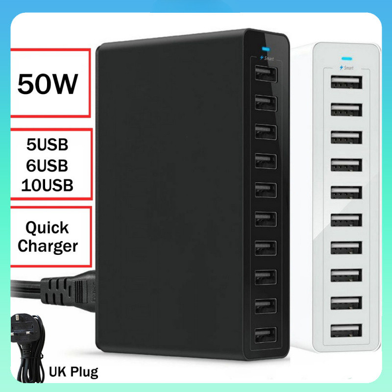 Multi Port Charger 10 USB 10.2A Power 50W Fast Charge Station 10 Port ...