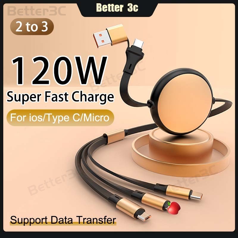 2 to 3 Spring Retractable Data Cable 120W Super Fast Charging USB/Type ...
