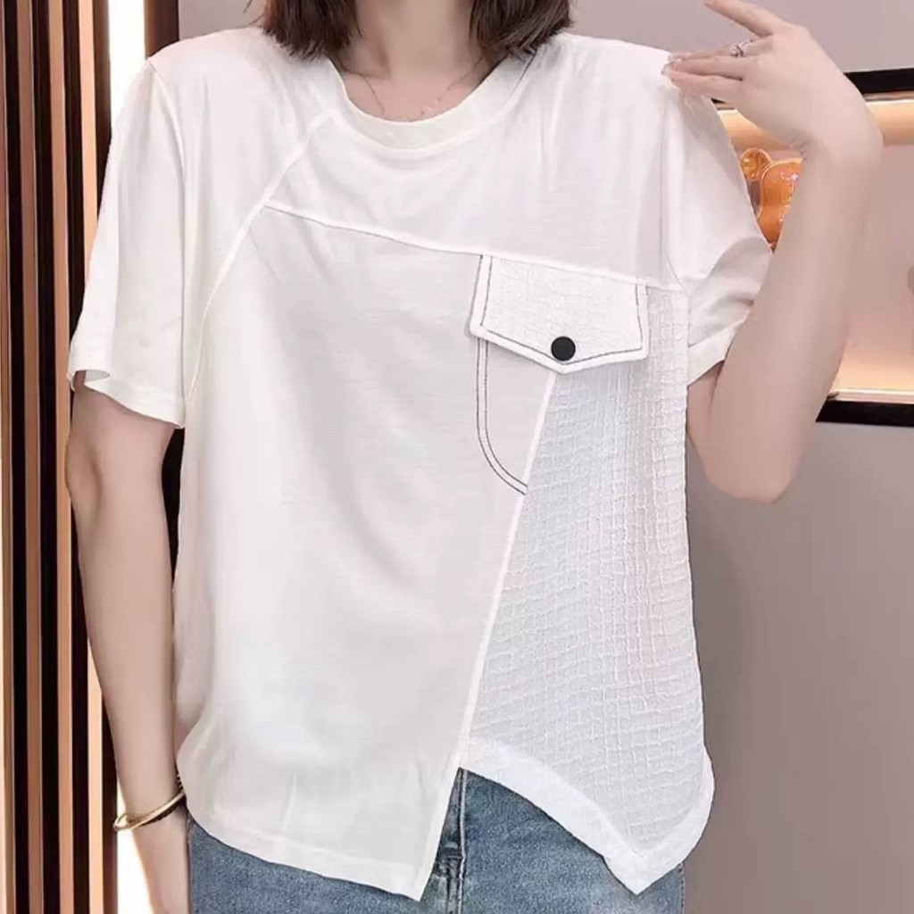 Plus Size Cotton Irregular Short Sleeve T-Shirt For Women 2025 Summer ...