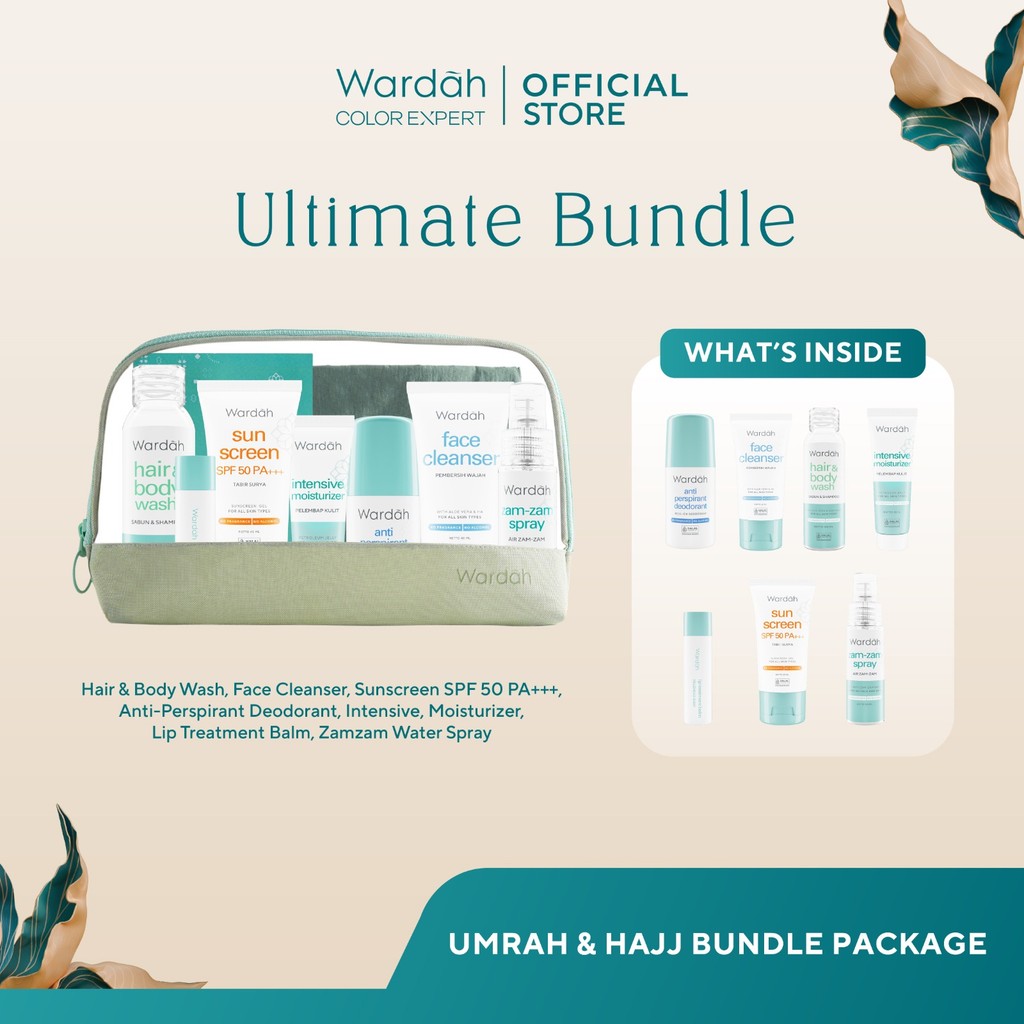 WARDAH Umrah & Hajj Package - Paket Haji dan Umroh - Facial Wash, Moisturizer Pelembab Wajah, Sunscreen SPF 50 PA+++ , Antiperspirant Deodorant, Hair and Body Wash, Lip Balm, ZamZam Water Spray - Skincare - Gambar 4