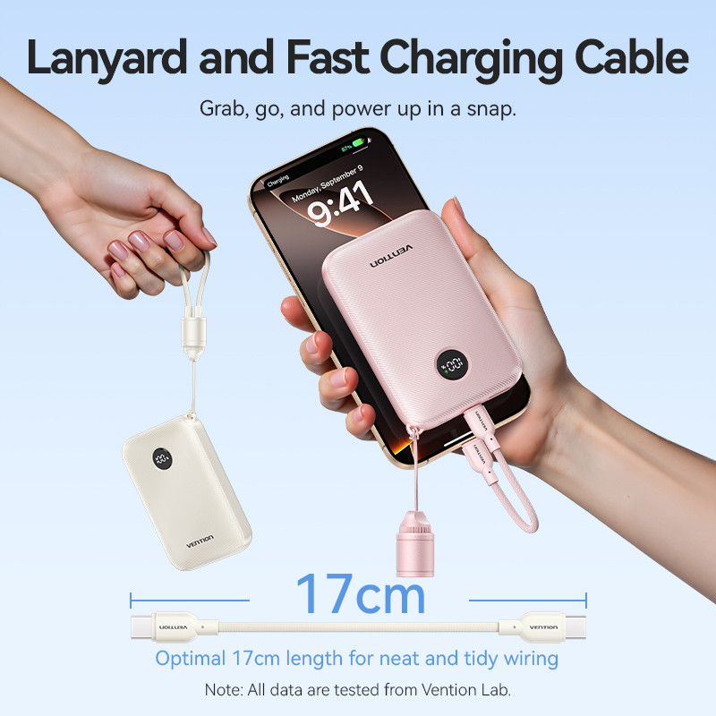 Vention Powerbank Pro Series 10000mAh 22.5W Built in Cable Fast Charging Dual Port USB-C USB-A for iPhone Android - Gambar 3