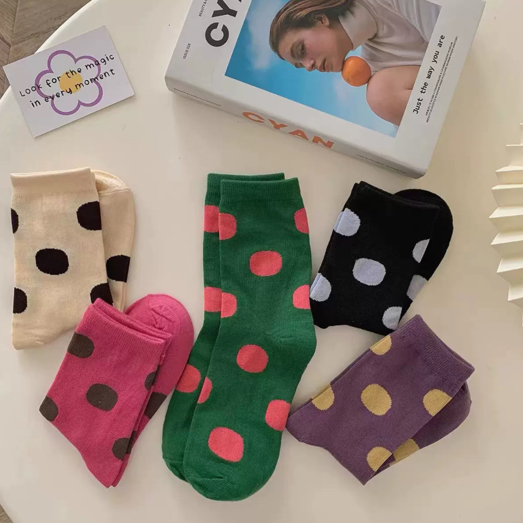 Polka Dot Candy Color Japanese socks Korean Style mid-tube cotton socks ...