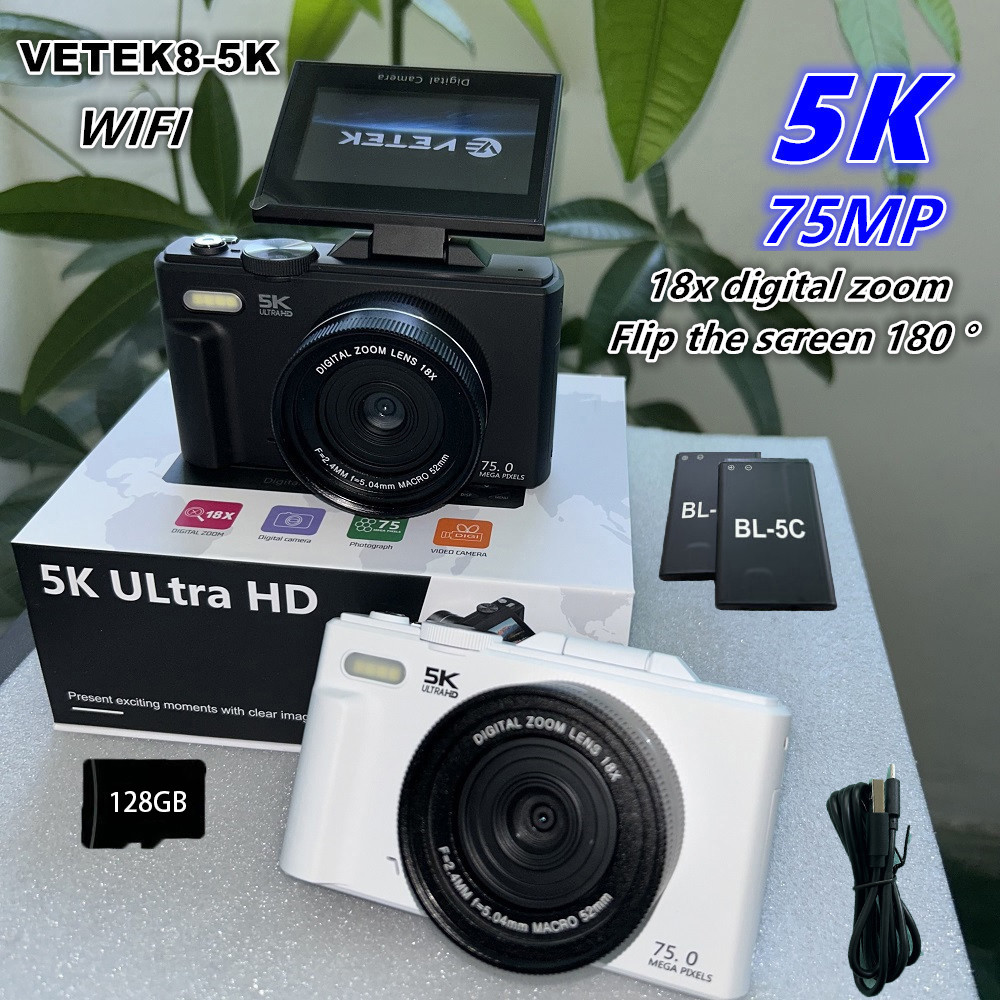 Fotocamera Digitale Tbest 5K 75MP Con Zoom 18x E WiFi - Perfetta Per Viaggi, Foto E Video HD (Include 64GB)