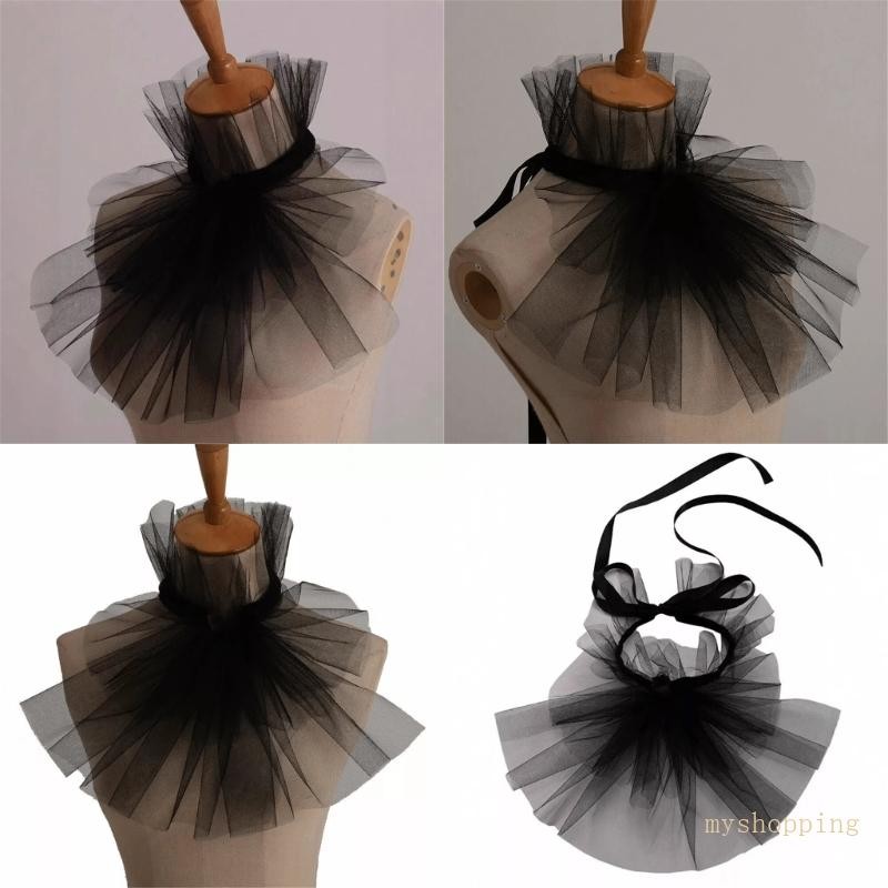 Ivy Victorian Colonial Black Layered Ruffled Mesh Jabot Faux Collar ...