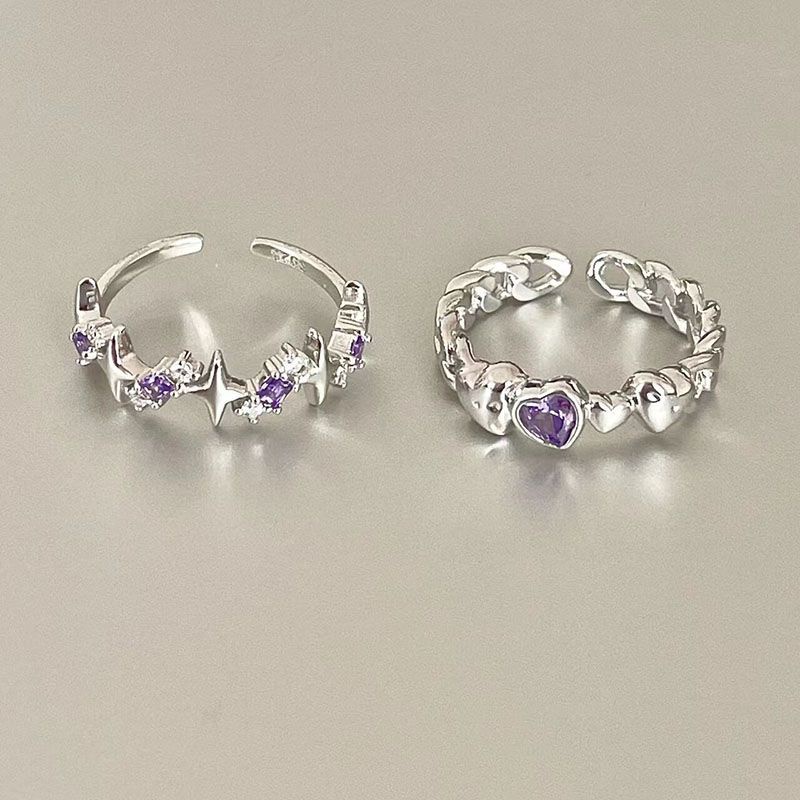 1 Pair Sweet Purple Diamond Love Heart Zircon Open Adjustable Ring