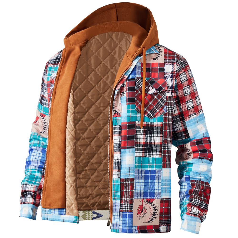 Men's casual multicolor stitching best sale thick plaid hooded jacket