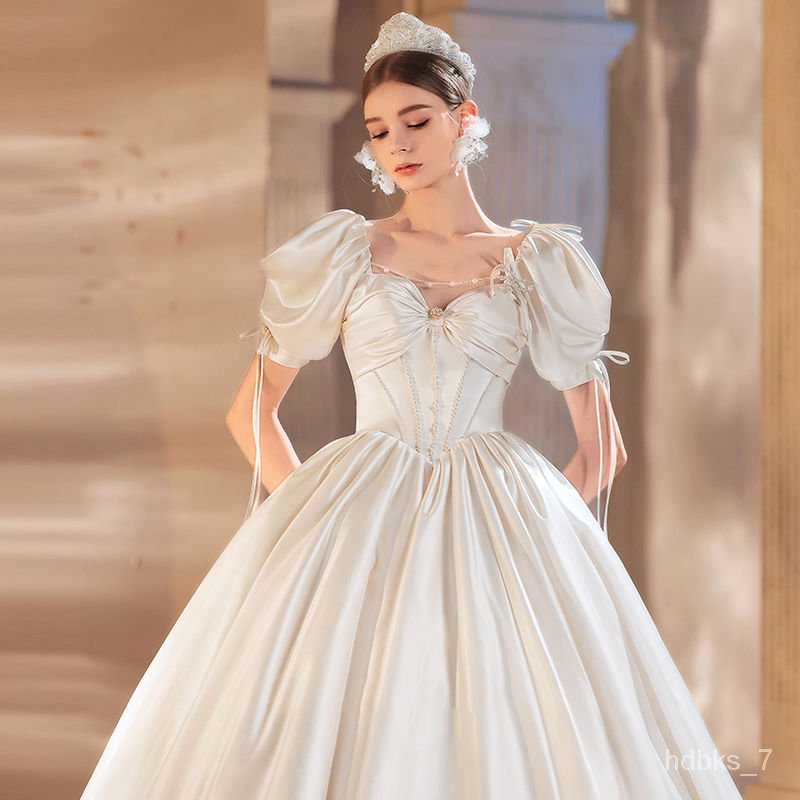 YQ57 Wedding Dress Heavy Industry2023New Bridal French High-End Satin  Graceful Puff Sleeve 18-Year-Old Adult Dress for W