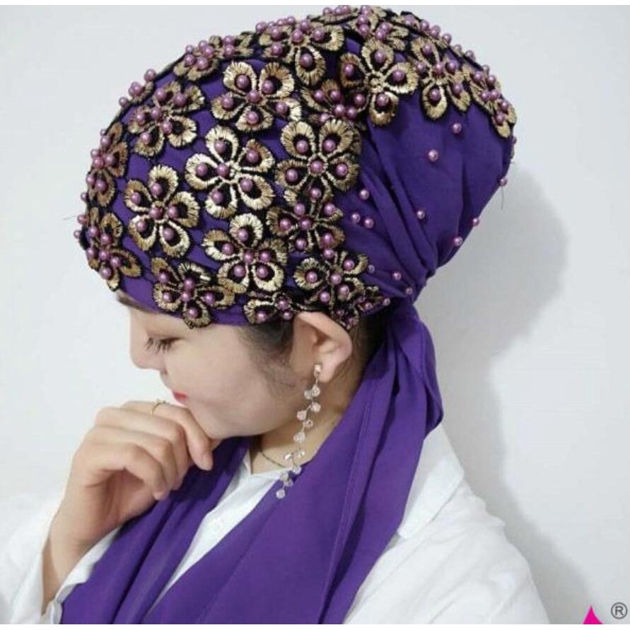Muslim Women Gold Wire Pearl Scarf - Soft Islamic Hijab Shawl With Headband