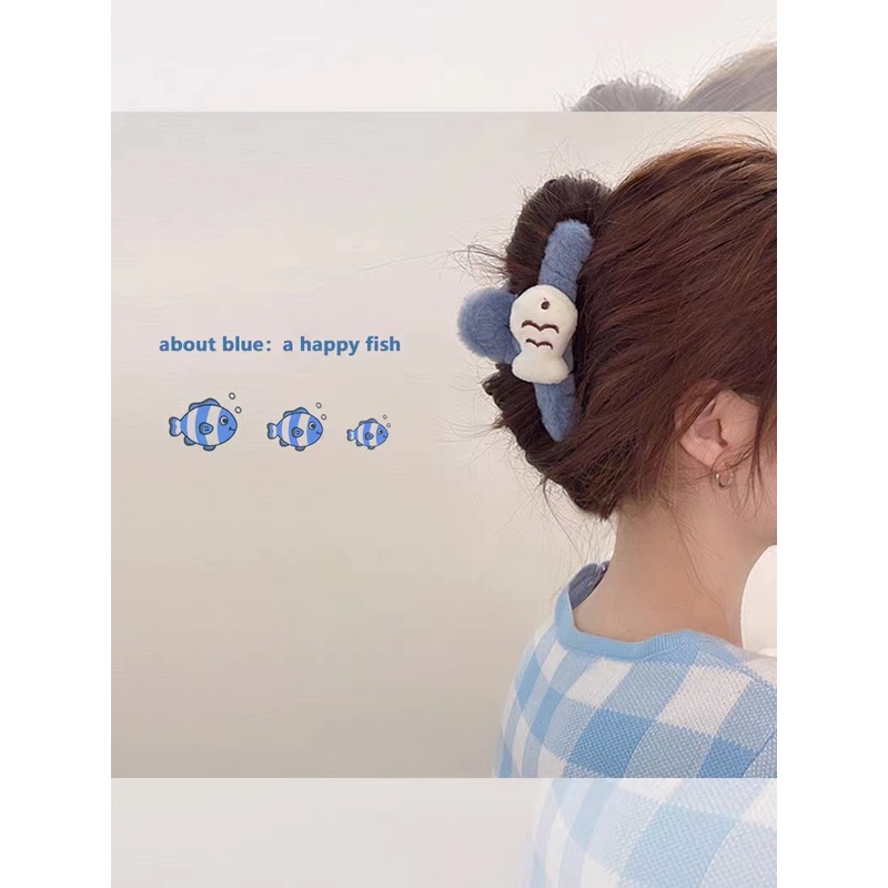 Sweet cute blue small fish plush hair clip daily all match shark clip
