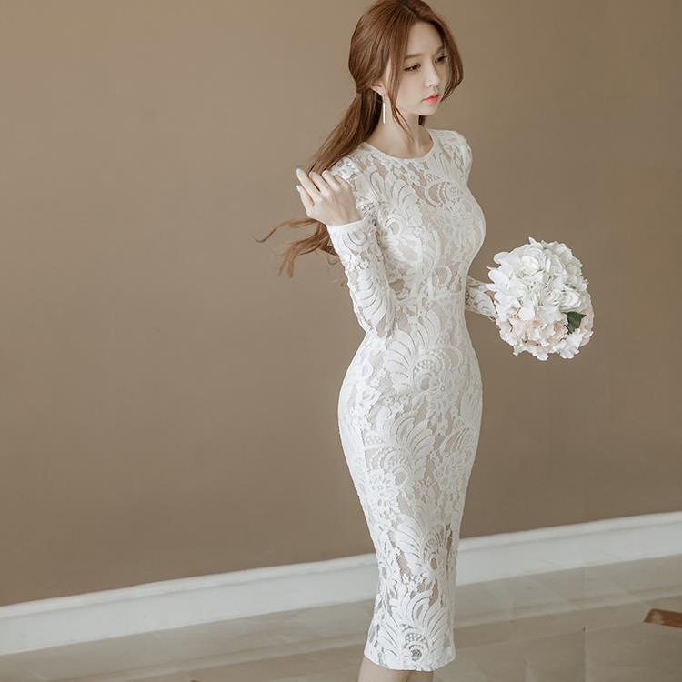 White lace long 2025 sleeve dress