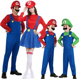 Adult Kids Super Mario Bros Costumes Mario Luigi Bros Cosplay Jumpsuit  Christmas Halloween Party Uniform Sets Cartoon Character  Role-Playing【Clothes+Top+Hat+Beard】