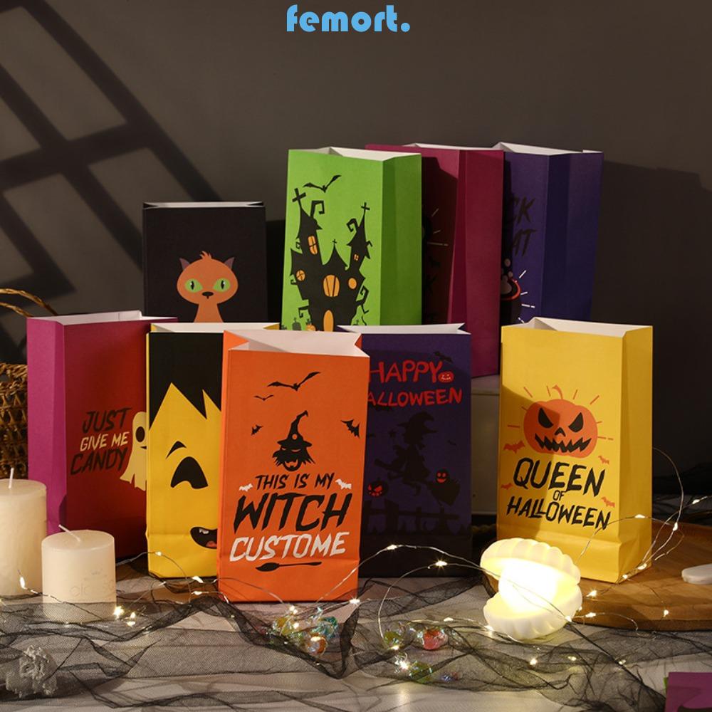 FEMORT 12pcs Halloween Paper Bags, Kraft Paper Trick or Treat Halloween