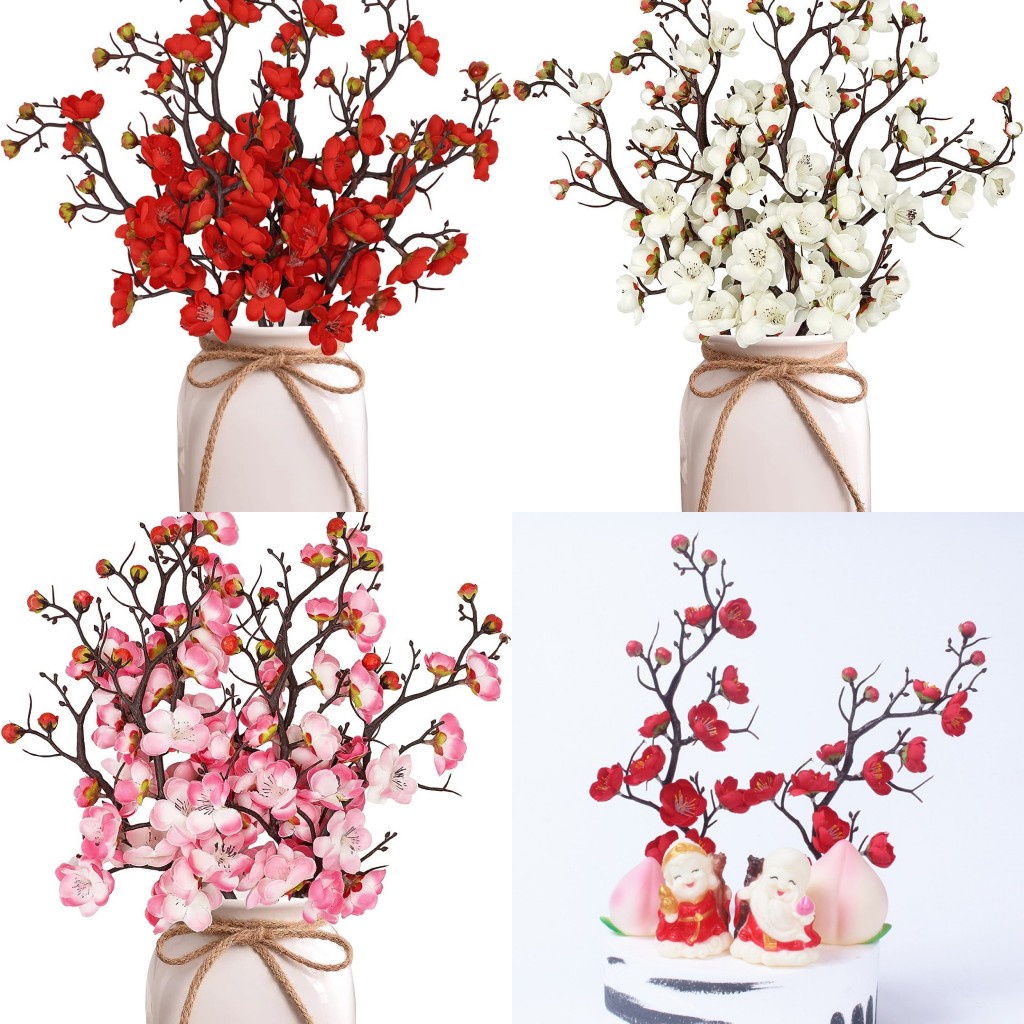 5pcs Artificial Plum Blossom Flowers Silk Plum Blossom Branches Red ...