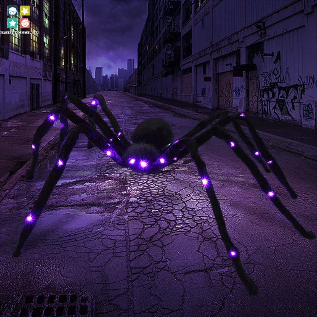 4Ft Giant Spiders Halloween Realistic Black Hairy Spiders with Purple ...