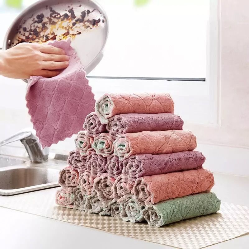 2 Pcs Absorbent Microfiber Kitchen Cleaning Cloth Hangable Coral Fleece  Dish Cloth Kichen Rag Tool