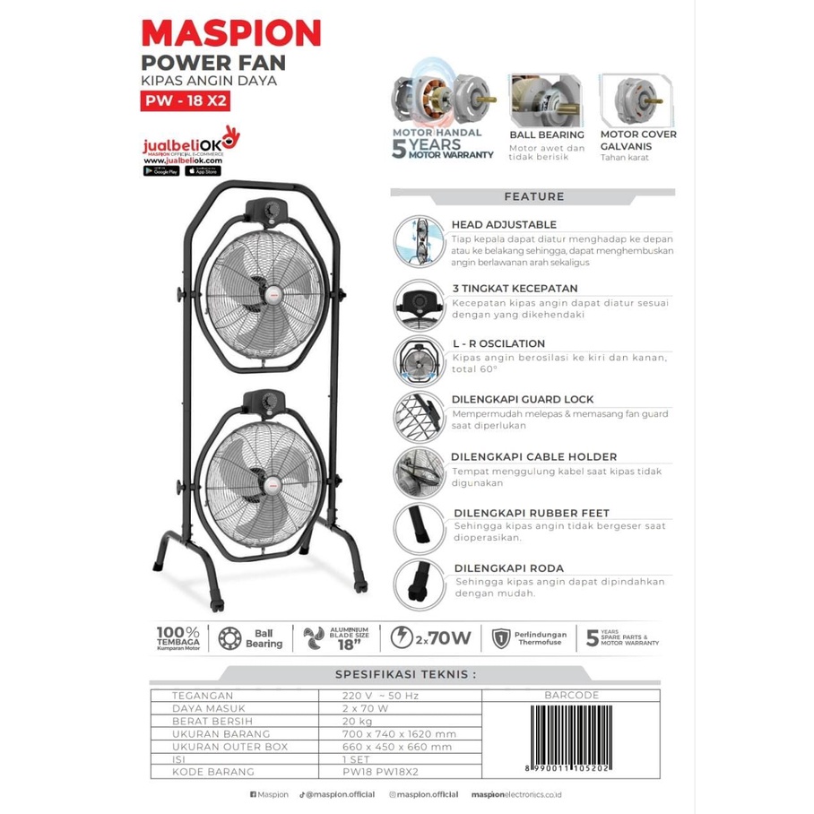 Maspion Power Stand Fan Kipas Angin Berdiri 18 Inch PW-18X2 - Gambar 2
