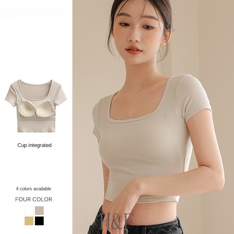 Women Bra Top T-Shirts Chest Pad Built in T-shirt Short Sleeve Women ...
