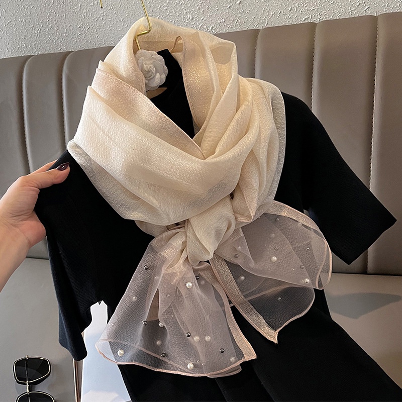 Plain Solid Color Silk Shawls Thin Muffler Organza Scarf Pearl