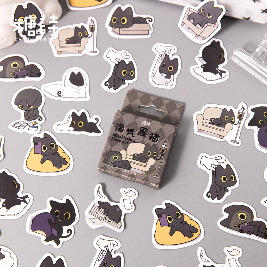 46 Pcs Black Cat Sticker Cute Small Size Aesthetic Scrapbook Stickers ...