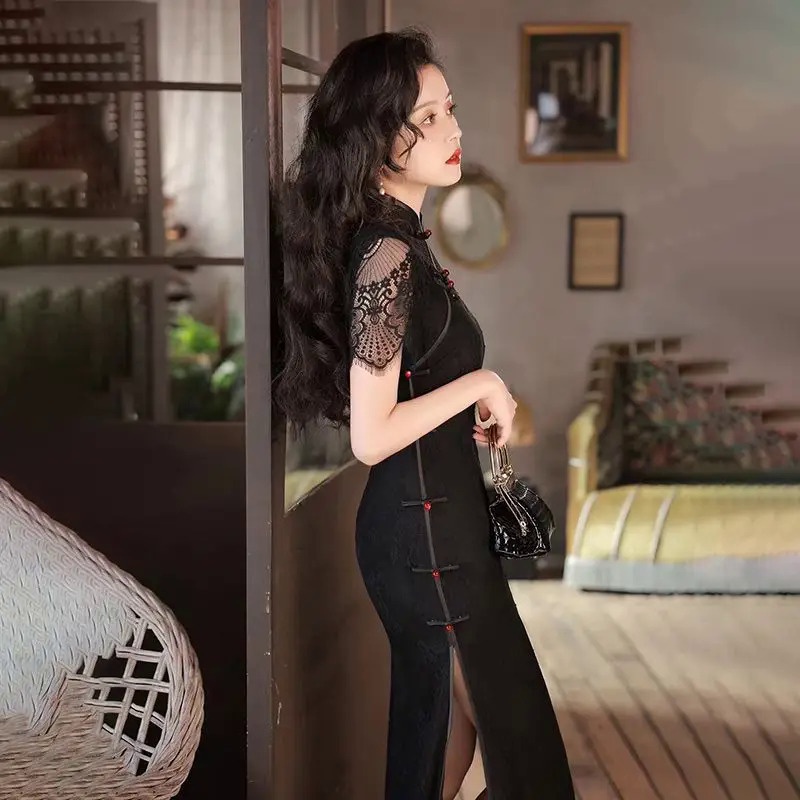 Black Improved Cheongsam 2023 Autumn Sexy Chinese Traditional Qipao ...
