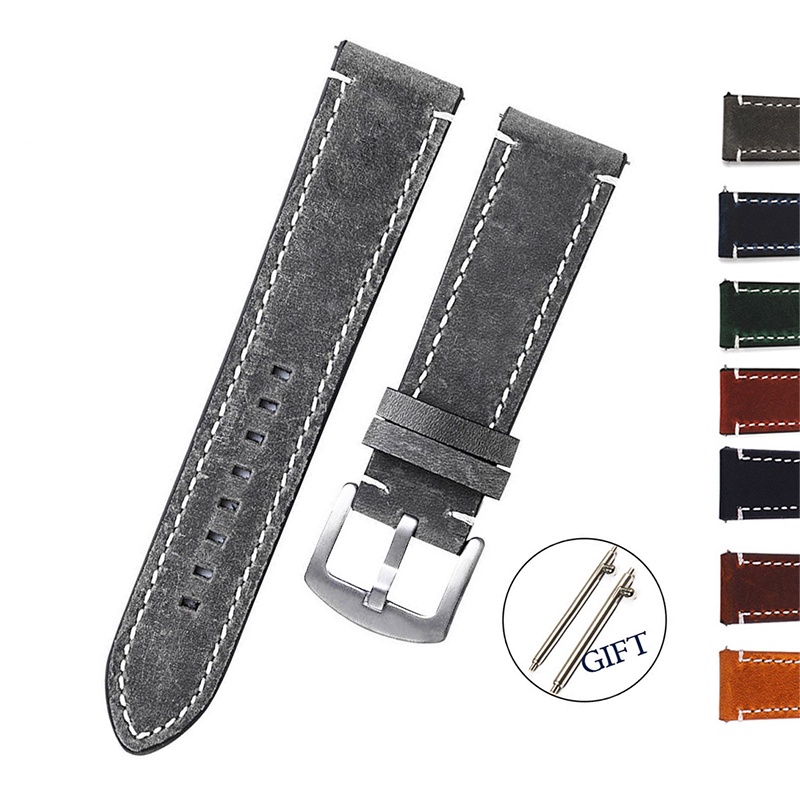 Handmade Strap 20MM 22MM 24MM Black Leather Retro