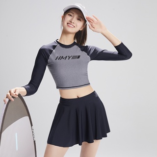 Womens Rash Guard UV UPF 50+ Long Sleeve Surfing Two Piece Swimsuits with  Built in Bra -L