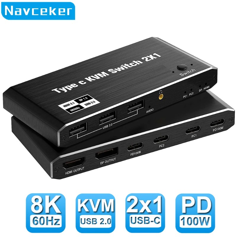 Navceker 2x1 8K Thunderbolt 4 USB C KVM Switch 100W PD Charge 4K 144Hz