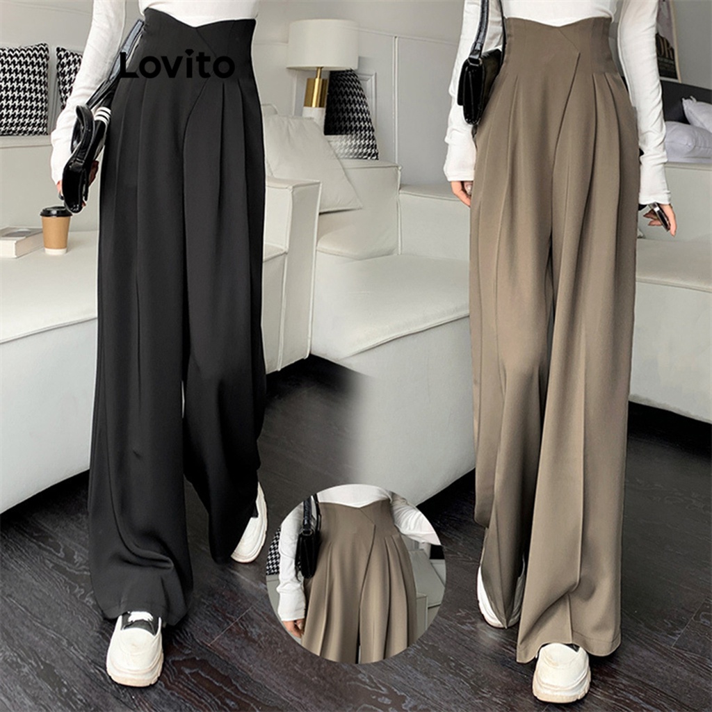 Lovito Casual Plain Asymmetrical Draped Pants for Women LNA35055 (Khaki ...