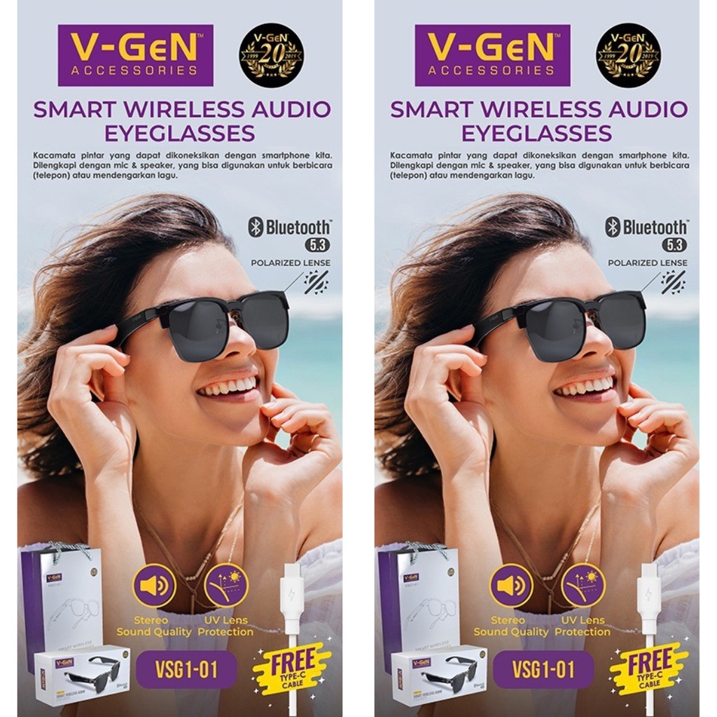 V-GeN Smart Wireless Audio Glasses UV Protection Kacamata Pintar Warna Hitam VSG1-01 - Gambar 2