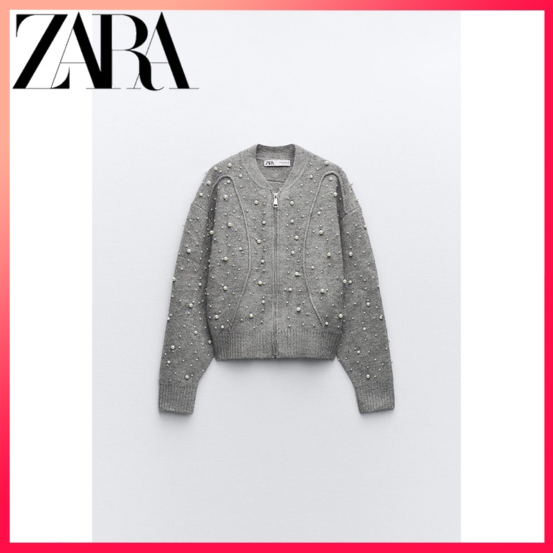 ZARA new women s faux pearl embellished knitted bomber jacket Shopee Singapore