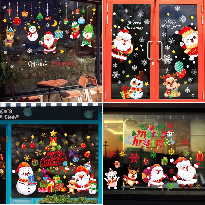 Merry Christmas Glass Window Stickers Santa Snowflake Elk Tree Snowman Christmas Decorations